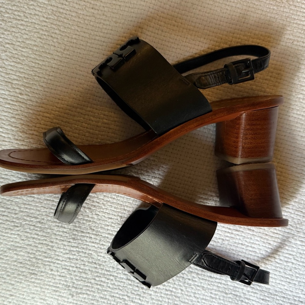 Tory Burch Black Lowell Napa Leather Block Heels Black Sz 7 Sandals. Excellent - Picture 8 of 14
